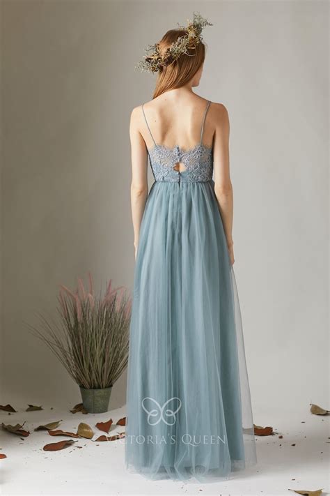 dusty blue lace and tulle criss cross wedding bridesmaid gown vq