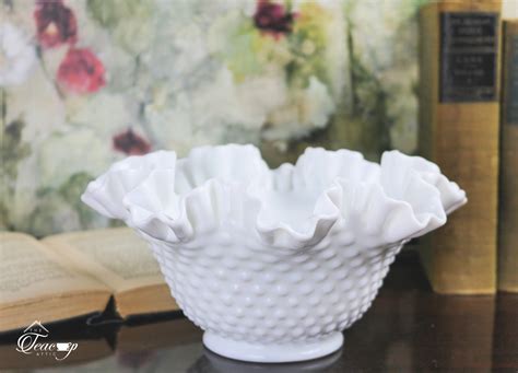 Home Décor Vintage Fenton Milk Glass Hobnail Ruffled Edge Bowl Baskets And Bowls Home And Living