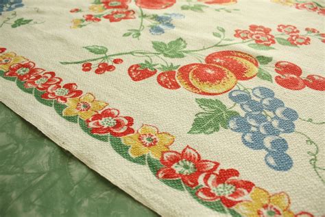 1940s Vintage Kitchen Toweling Fabric Fruit And Flowers From