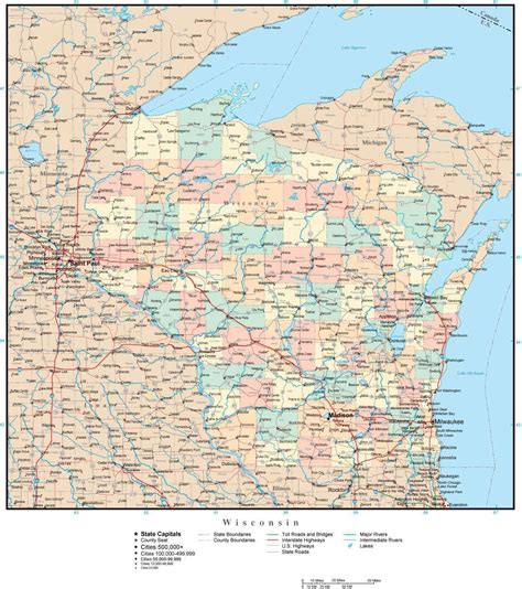 Wisconsin Adobe Illustrator Map With Counties Cities County Seats