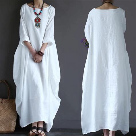 Cotton Linen Summer Dress Bohemia Loose Plus Size Big Hem Long Maxi