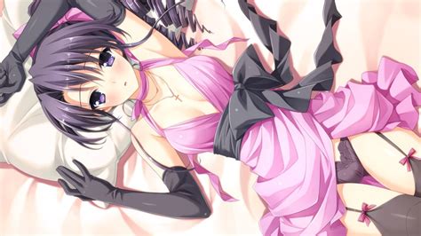 Kokonobi Morikubo Yuna Berry S Game Cg Highres 1girl Armpits Arms Up Bare Shoulders Bed