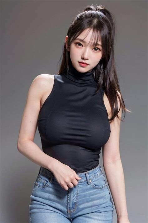 민소매 블랙 터틀넥 입은 Ai여자 그리기 만들기 Asian Cute 3d Girl Lovely Fantasy Girl