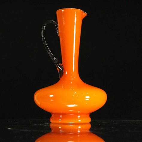 Orange Glass Mid Century Pitcher With Applied Handle