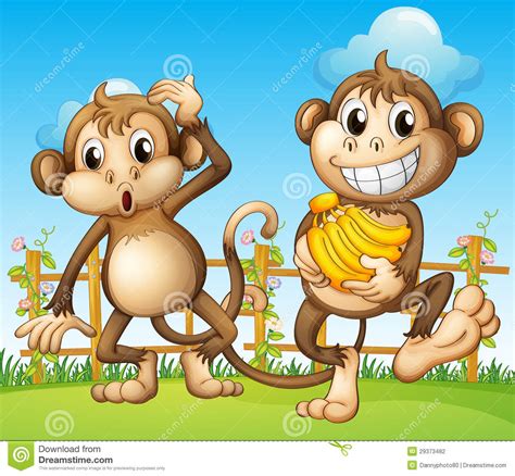 Two Monkeys With Banana Inside The Fence Stock Illustration