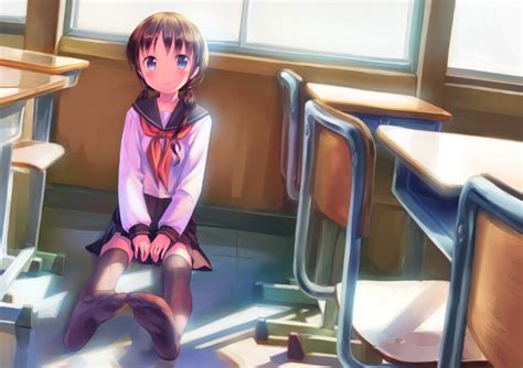 Wallpaper Anime Girl Classroom Sitting School Uniform