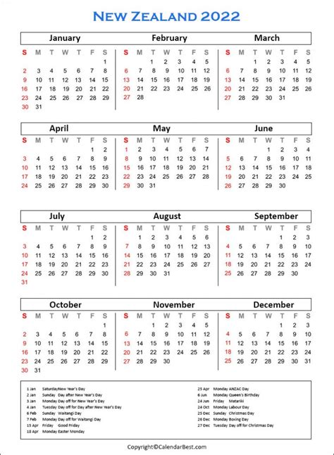 Free Printable New Zealand Calendar 2022 With Holidays