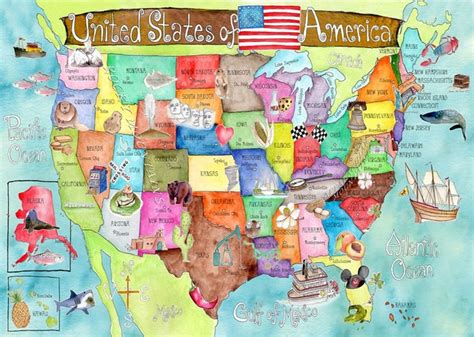Huge United States Of America Watercolor Art Map Poster By Marley