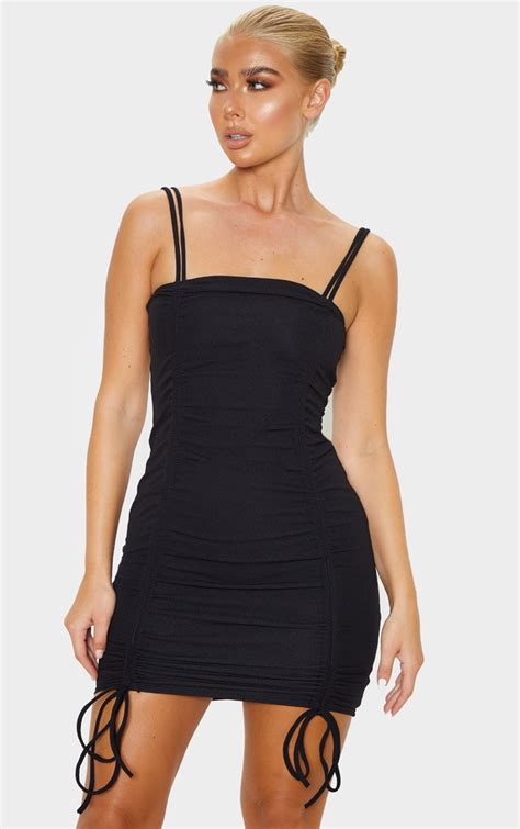 black ruched front strappy bodycon dress prettylittlething il