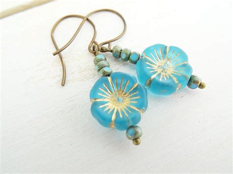 Czech Glass Earrings Flower Earrings Blue By Dawnsneesbyjewellery