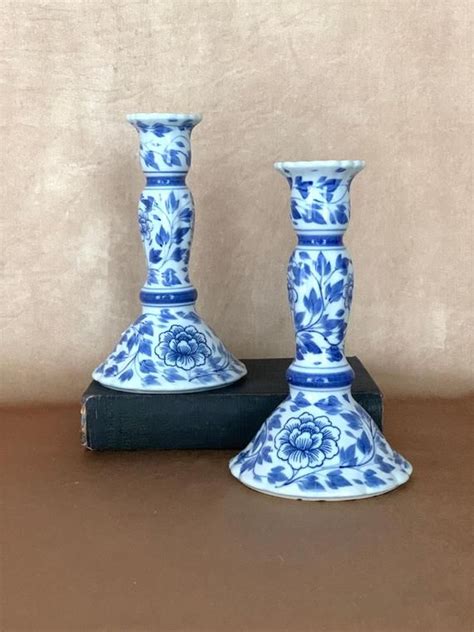 Chinoiserie Candle Holders Tall Candlestick Blue And White Floral