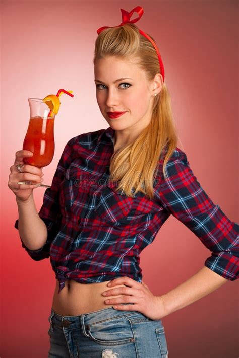 Beautiful Young Blond Caucasian Pinup Woman With A Glass Of Coc Stock