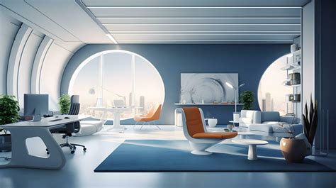 Moderno Futurista Interior Oficina Diseño Con Calentar Tonos De Azul