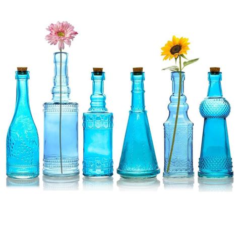 Best Of Show Turquoise Blue Vintage Glass Bottles Set 6 Pack Assorted Designs Blue Glass