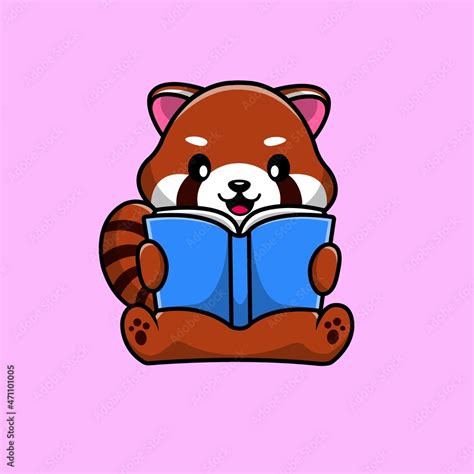 Cute Red Panda Reading Book Cartoon Vector Icon Illustration Animal