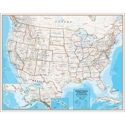 Laminated Wall Map United States Hemispheres Contemporary The School
