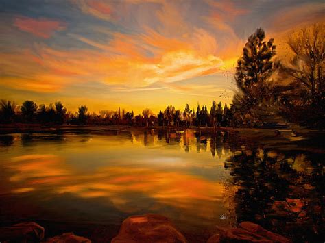 Sunset Over The Lake Painting By Angela A Stanton