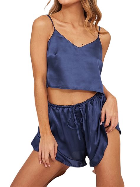 Bellella Women Satin Silk Sleepwear Pajamas Set Sexy V Neck Crop Top Cami Shorts Set Ladies