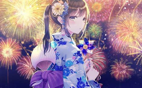 Anime Festival Anime Girl Fireworks Kimono Brown H By Gurung On Deviantart