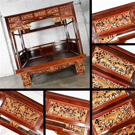 Vintage Chinoiserie Chinese Elm Wedding Opium Canopy Bed Hand Carved