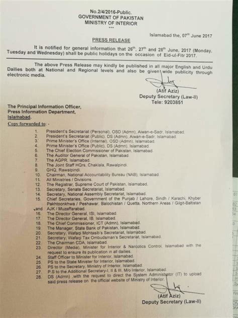 Notification Of Eid Ul Fitr Holidays 2017 By Federal Govt