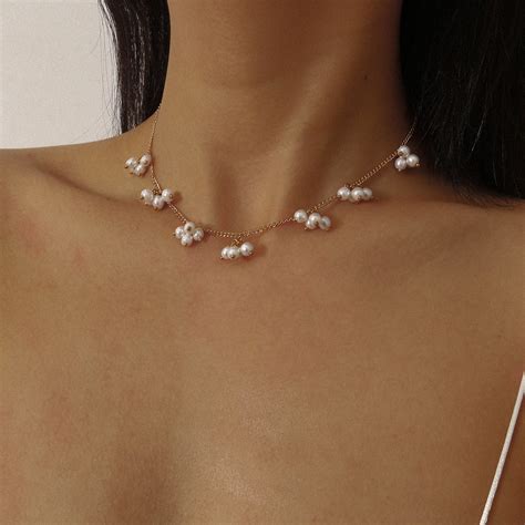 Dainty Gold Tone Beaded Pearl Skinny Chain Choker Necklace