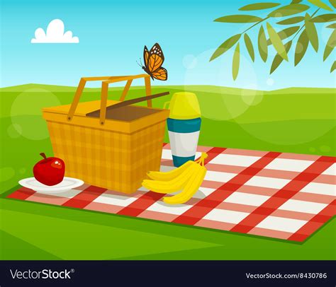 New users enjoy 24h discount. Summer picnic with park landscape cartoon basket Vector Image