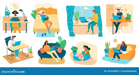 Freelance People Work In Comfortable Conditions Set Flat Illustration