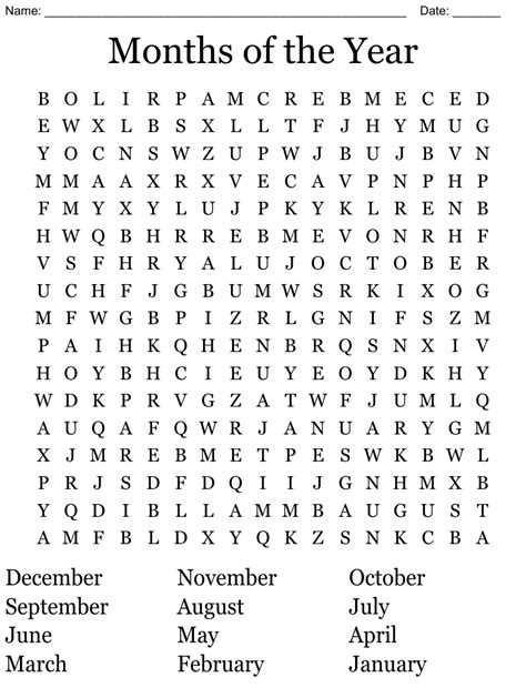 Months Of The Year Word Search Wordmint