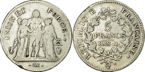 France 5 Francs An 11 Q Coin Union Et Force Perpignan Silver Vf20