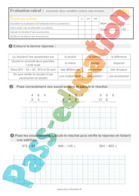 Blog destiné à partager mon travail. Évaluation, bilan sur soustraire deux nombres sans retenue ...