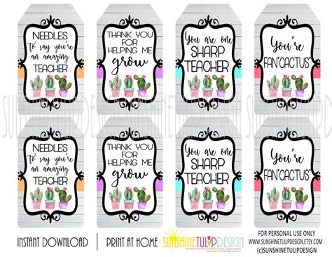 Seamless pattern with funny cactus. Printable Cactus Gift Tags, Printable Teacher Appreciation ...
