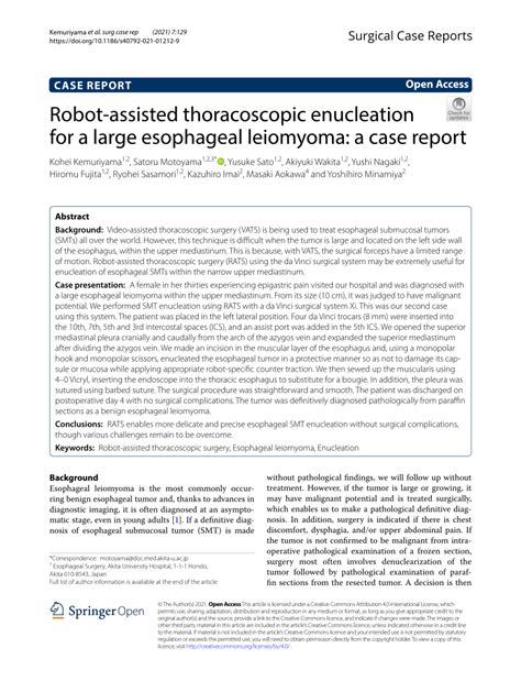 Pdf Robot Assisted Thoracoscopic Enucleation For A Large Esophageal
