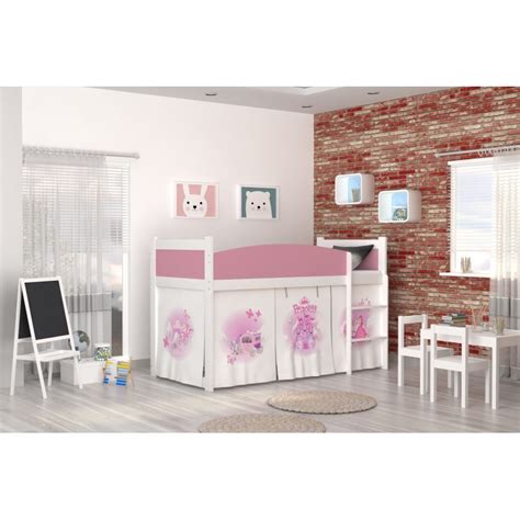 Loft bed frames are primarily available in two mattress sizes, twin or full. Loft bed mid sleeper Princess with mattress and curtains