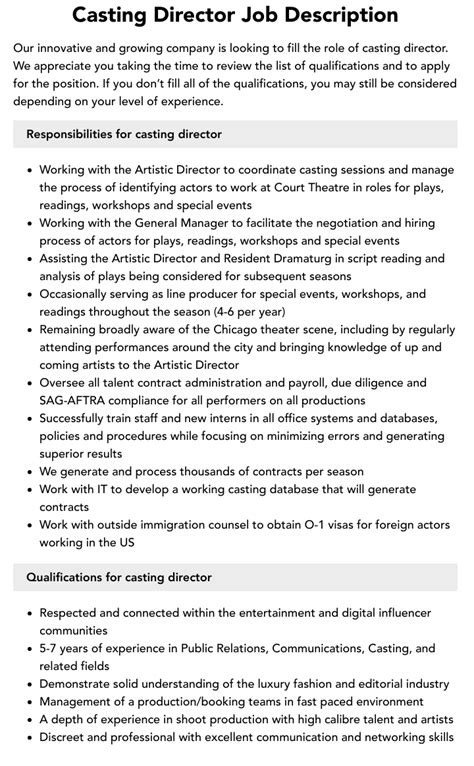 Casting Director Job Description Velvet Jobs