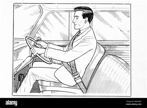 Line Art Illustration Of Man Seated In A Car Wearing A Seat Belt Stock