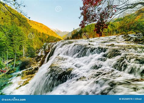 Beautiful View Of The Pearl Shoals Waterfall Among Mountains Stock