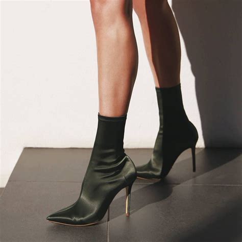 Women Womens Stretchy Satin Pointy Toe Sock Boots Stiletto High Heels Ankle Boot Shoes Clothing