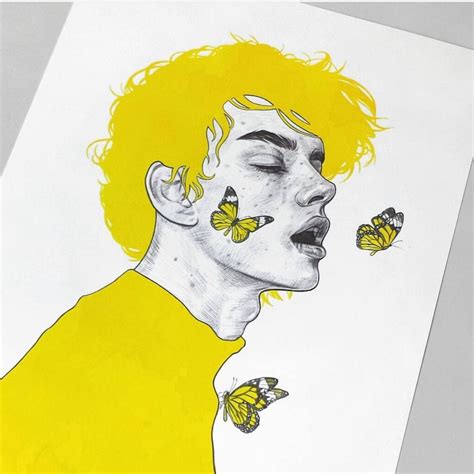 Artists Yellow Butterfly Drawing Blackandwhite Portrait Artwork