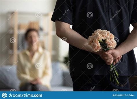 Bunch Of Flowers In Male Hands Behind Back Stock Image Image Of Young