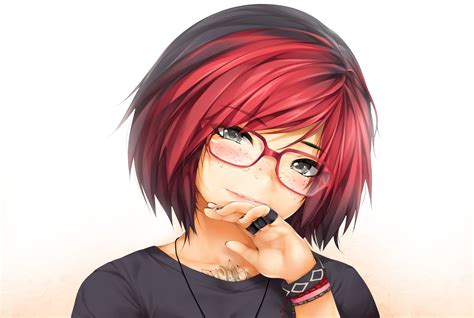 Wallpaper Redhead Glasses Short Hair Semi Realistic Anime Girl