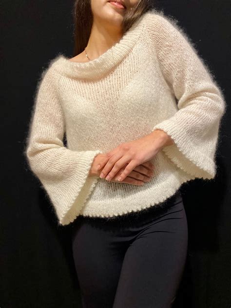 Knit Mohair Sweater Minimalist Deep Boat Neck Pollover Loose Fit Slouchy Balloon Sleeves