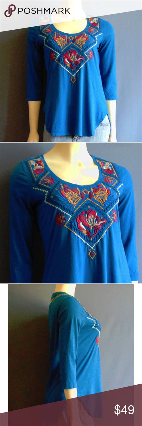 Johnny Was Peacock Blue Embroidered Top Small Jw Los Angeles By Johnny