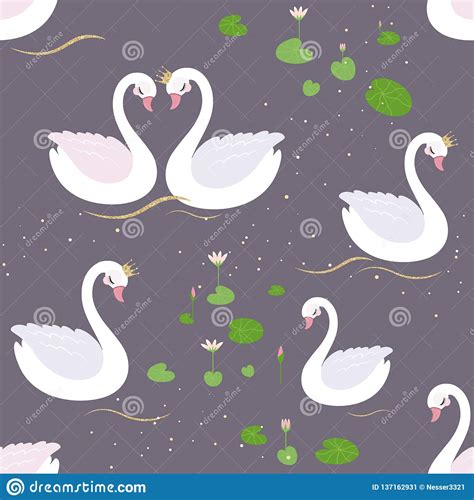 Seamless Pattern With White Swans And Water Lillies Stock Vector