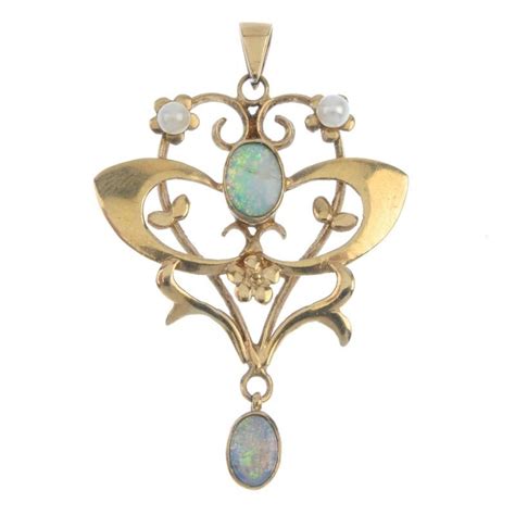 Edwardian Pendant Of 9k Gold With Opals And Pearls Edwardian