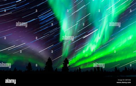Nightsky Lit Up With Aurora Borealis Northern Lights And Startrails