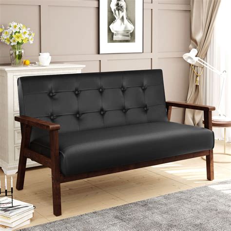 Upholstered Pu Leather Couch 2 Seat Wood Armchair Living Room Loveseat