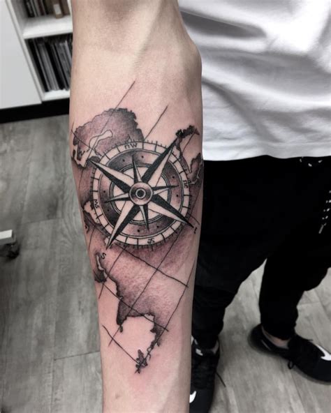 Compass On World Map Wrapping Around The Forearm World Map Tattoos