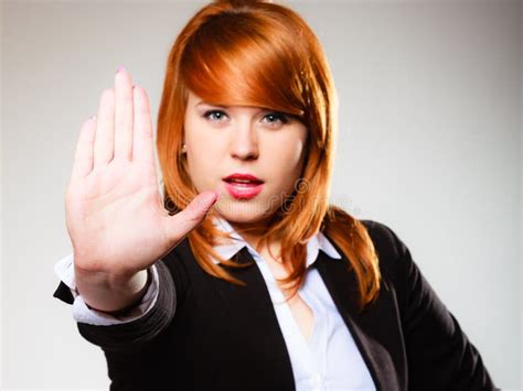 Woman With Stop Hand Sign Gesture Stock Image Image Of Gesturing