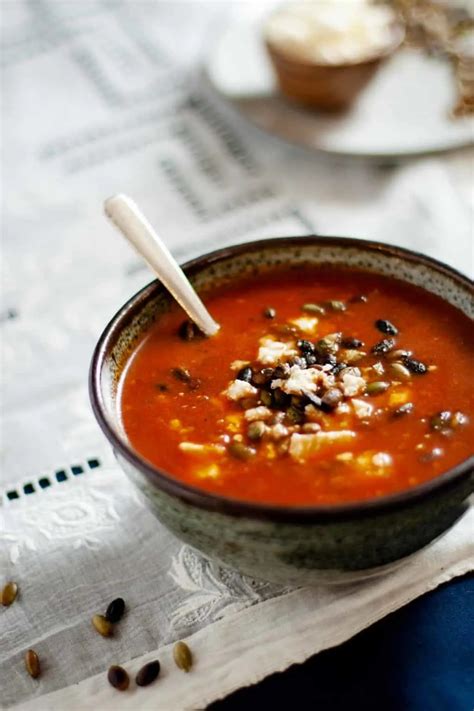 Ultimate Roasted Red Pepper Soup With Toasted Pumpkin Seeds And Feta